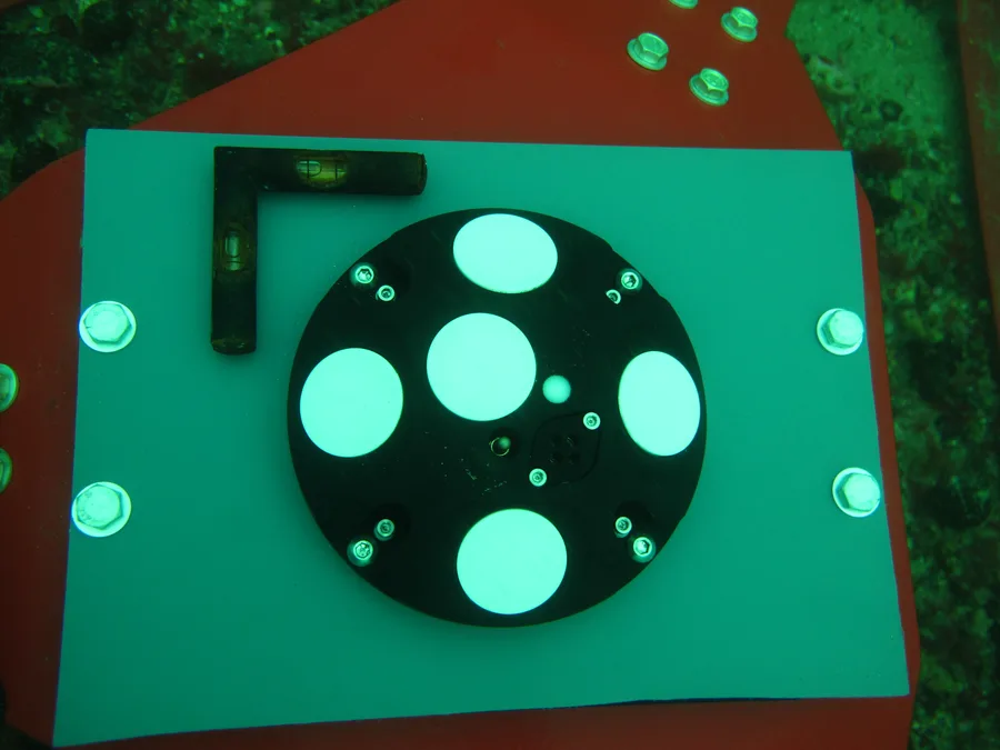 Underwater view of a five-transducer ADCP unit (Signature1000) mounted on a frame