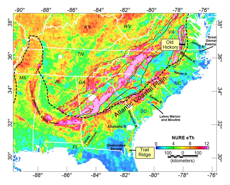 Colored radiometric map showing thorium concentration variations across the Atlantic Coastal Plain, with warmer colors indicating higher thorium anomalies associated with heavy mineral sand deposits