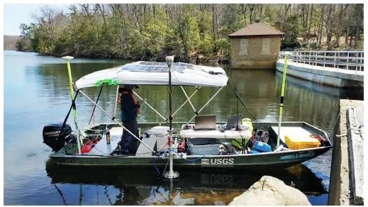 Echosounder and GPS equipped survey boat on Newton Reservoir, New Jersey