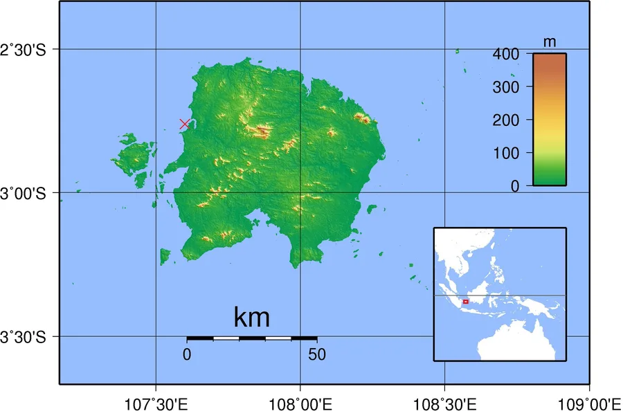 Topographical map of Belitung Island showing the location of the Belitung shipwreck