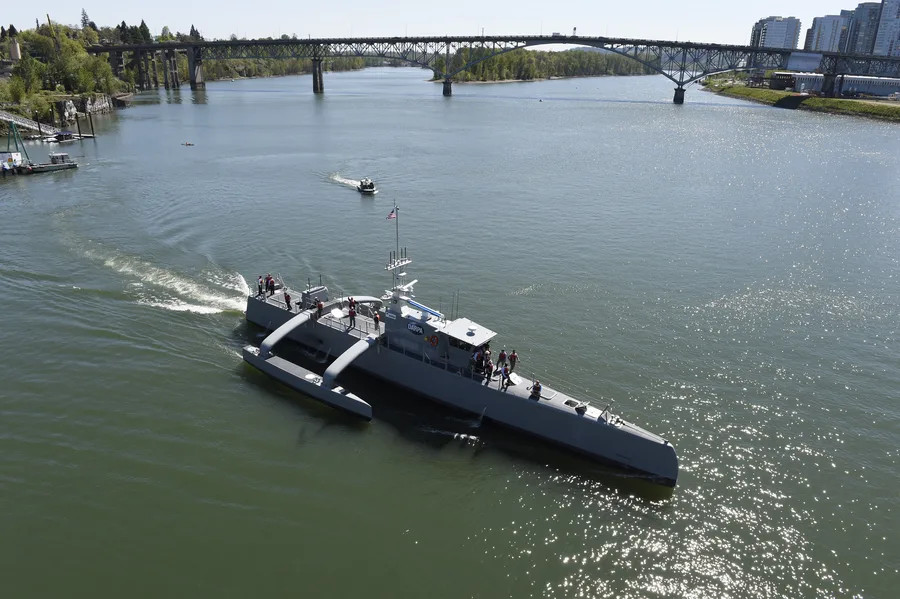 The Sea Hunter unmanned surface vessel underway on the Willamette River following its 2016 christening ceremony