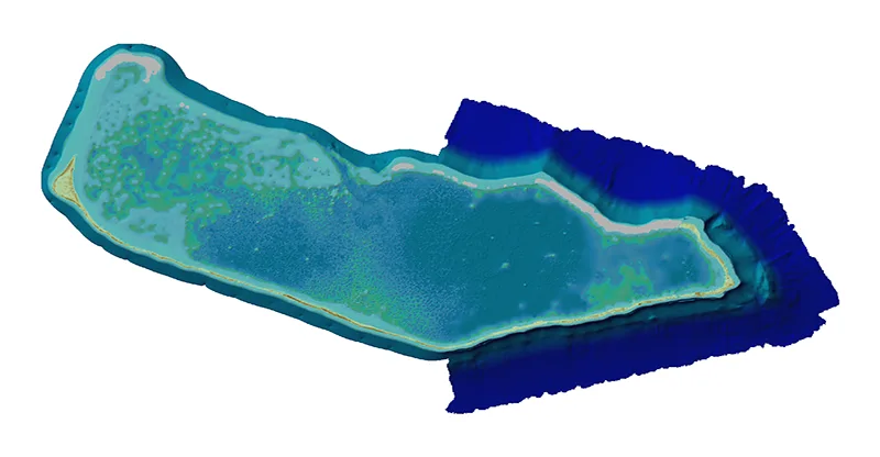 Colorized topobathymetric elevation model of Majuro Atoll, showing a seamless transition from land elevation to seafloor depth