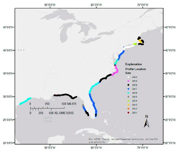 Map of the United States Atlantic and Gulf coastlines showing survey site locations from a lidar-derived cross-shore profile database, colored by survey year