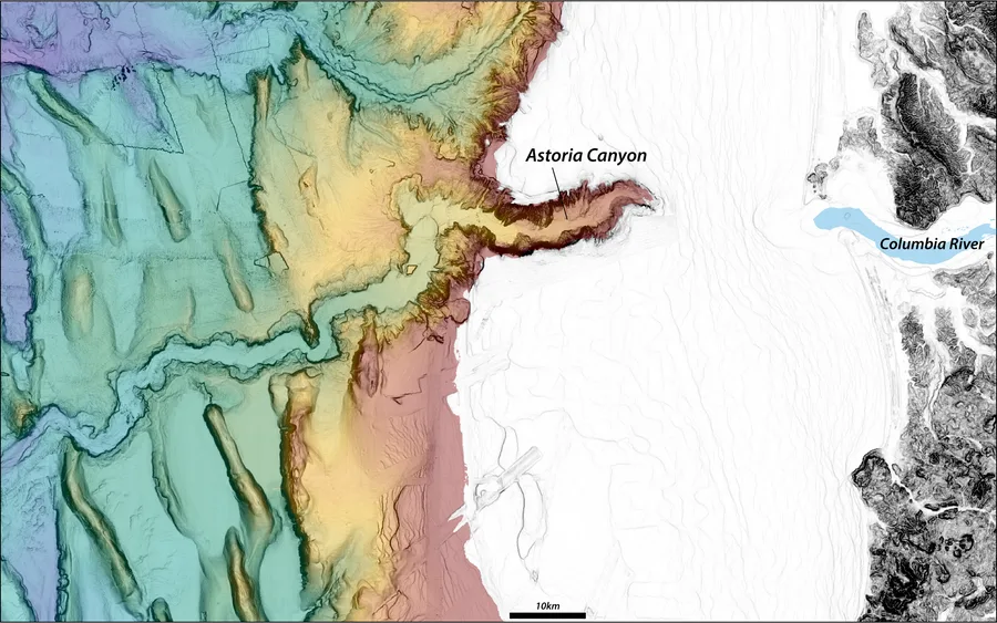 Multibeam bathymetry visualization of Astoria Canyon showing seafloor morphology in color gradient