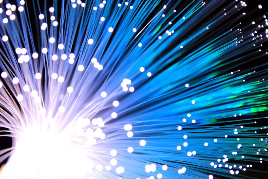 A single-mode fiber optic cable with light passing through it