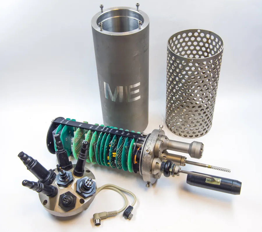 Disassembled CTD instrument showing its internal sensors and pressure-resistant housing