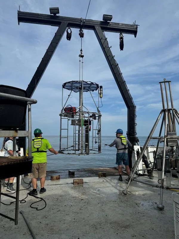 Mega multicorer sediment sampling equipment being deployed from a research vessel