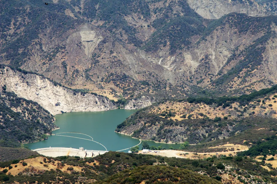 Gibraltar Dam and Reservoir in California, showing the reservoir after sedimentation had severely reduced its capacity