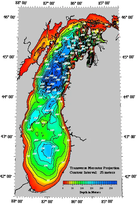 Shaded relief bathymetric map of Lake Michigan showing lake-floor depth contours