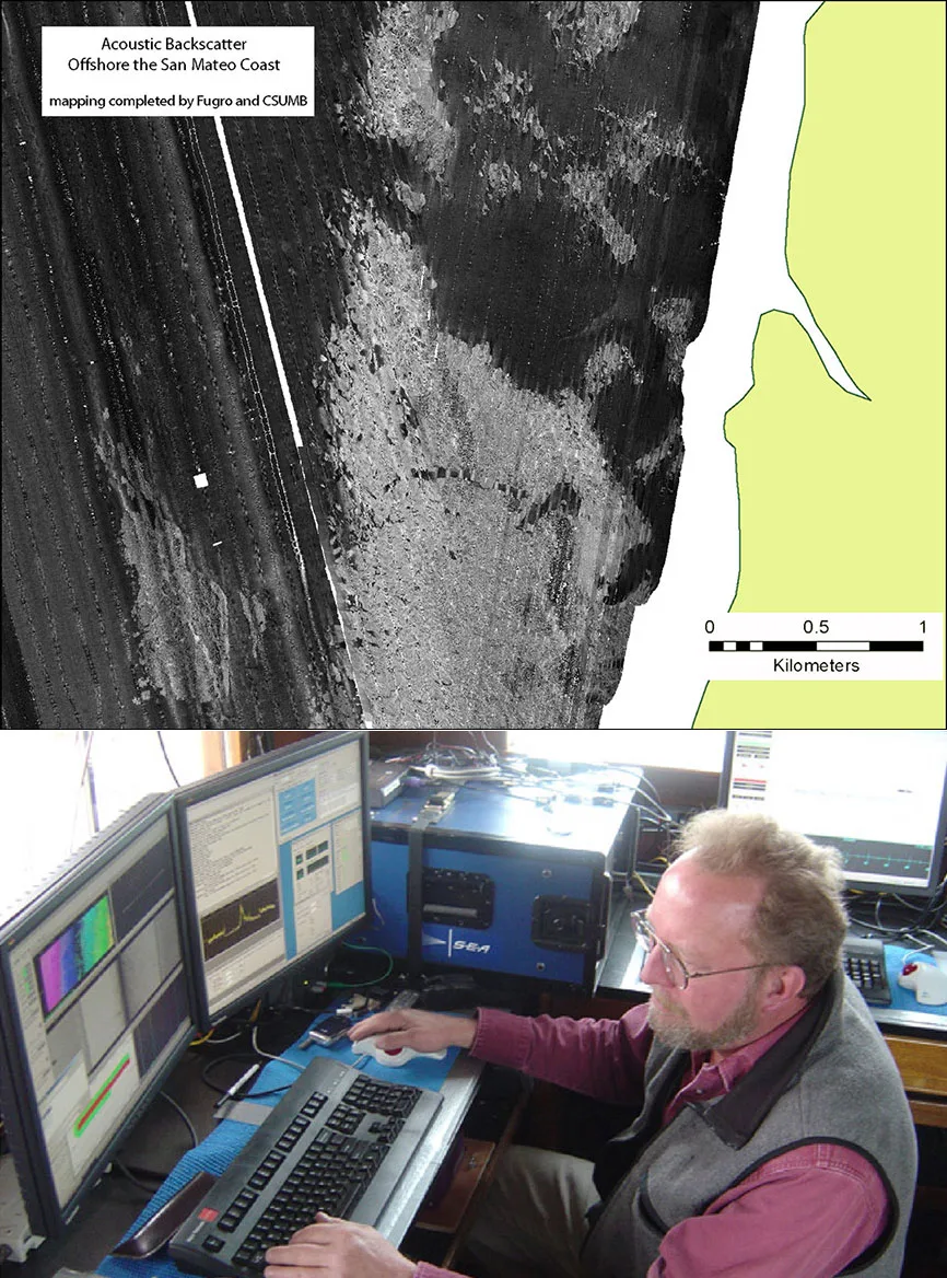 Panel comparing acoustic backscatter intensity data with a photo of a scientist processing bathymetry and backscatter data aboard a research vessel