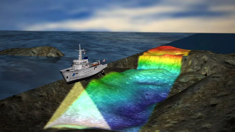 Illustration of a research vessel using a multibeam echosounder to send sound waves to the ocean floor and record the reflections