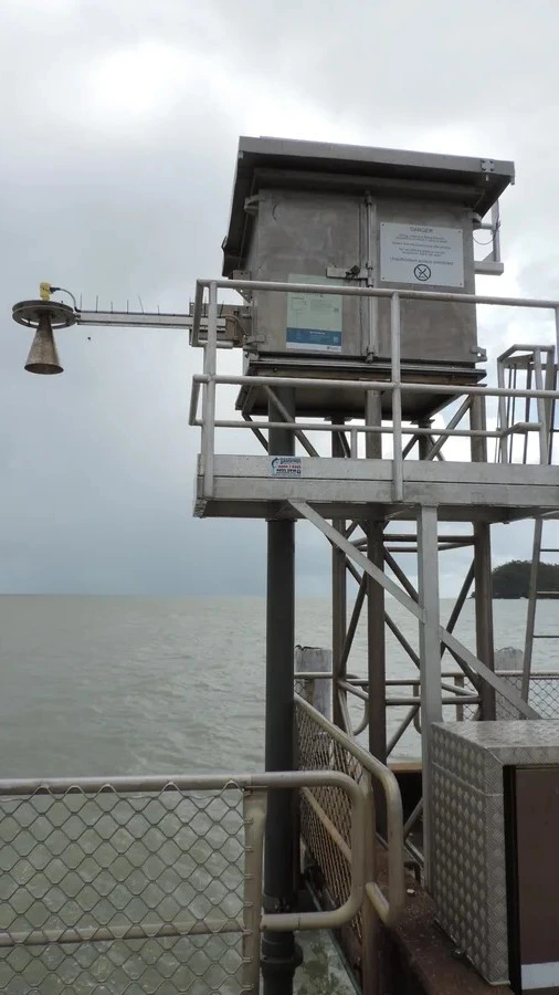 Modern storm tide monitoring equipment installed on a jetty
