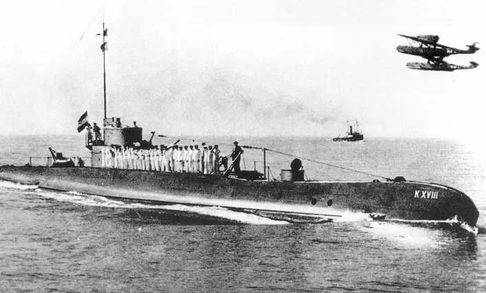The Dutch Royal Navy submarine HNLMS K XVIII on the surface, photographed 11 July 1935