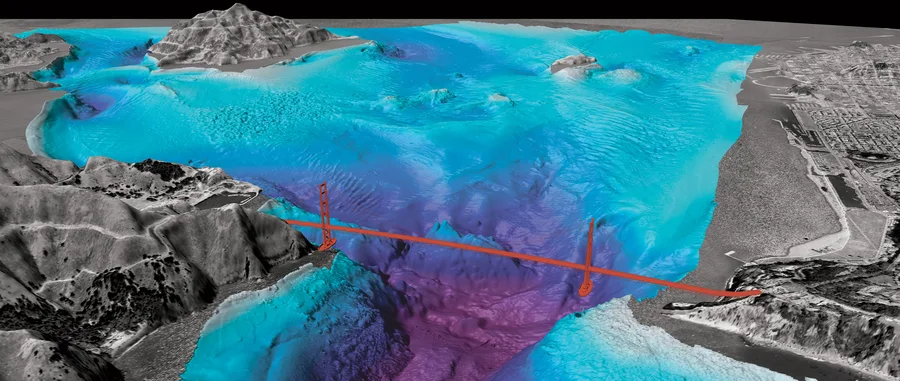 Colorful multibeam bathymetry map showing detailed seafloor depth variations