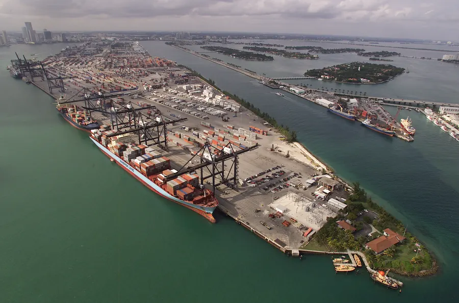 Aerial photo of the PortMiami container terminal showing the complexity of vessel traffic in an active port area