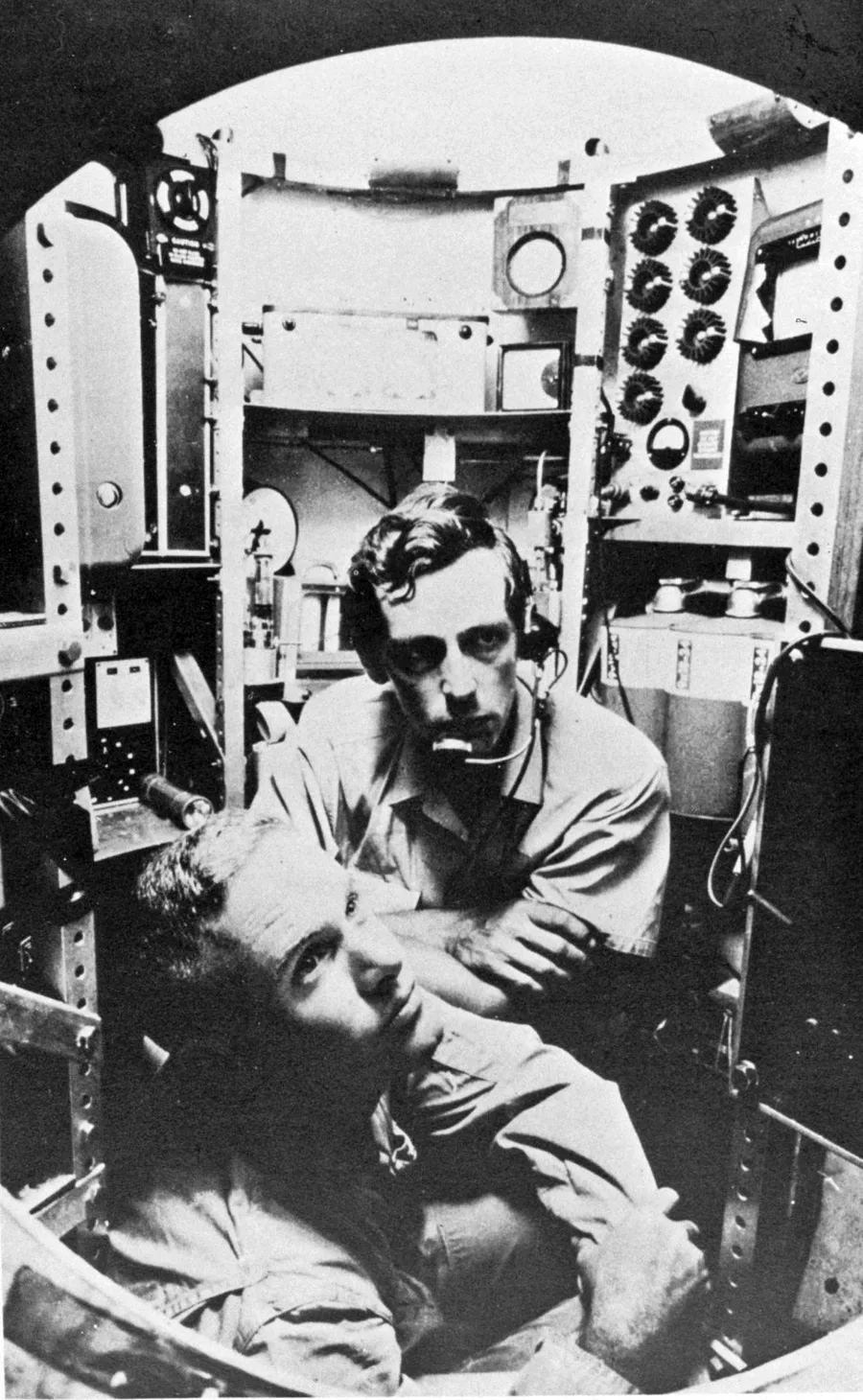 Lieutenant Don Walsh and Jacques Piccard in the bathyscaphe Trieste, 1960