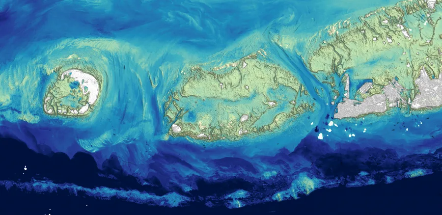 Satellite-derived bathymetry map of the Florida Keys showing depth variation in shallow channels and reef areas