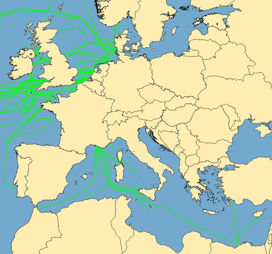 Map showing submarine telecommunications cable routes across European waters