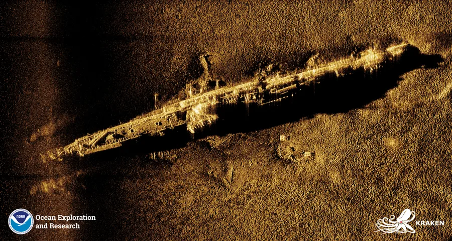Synthetic aperture sonar image of the sunken German submarine U-853