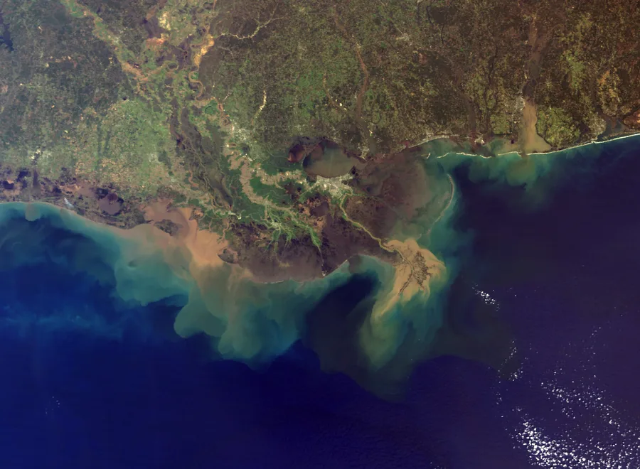 NASA MODIS satellite image showing the sediment plume from the Mississippi River